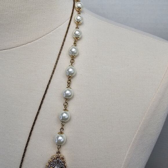 Charter Club Necklace Mixed Metal Filagree Rhinestones Faux Pearl Goldtone - Picture 6 of 7